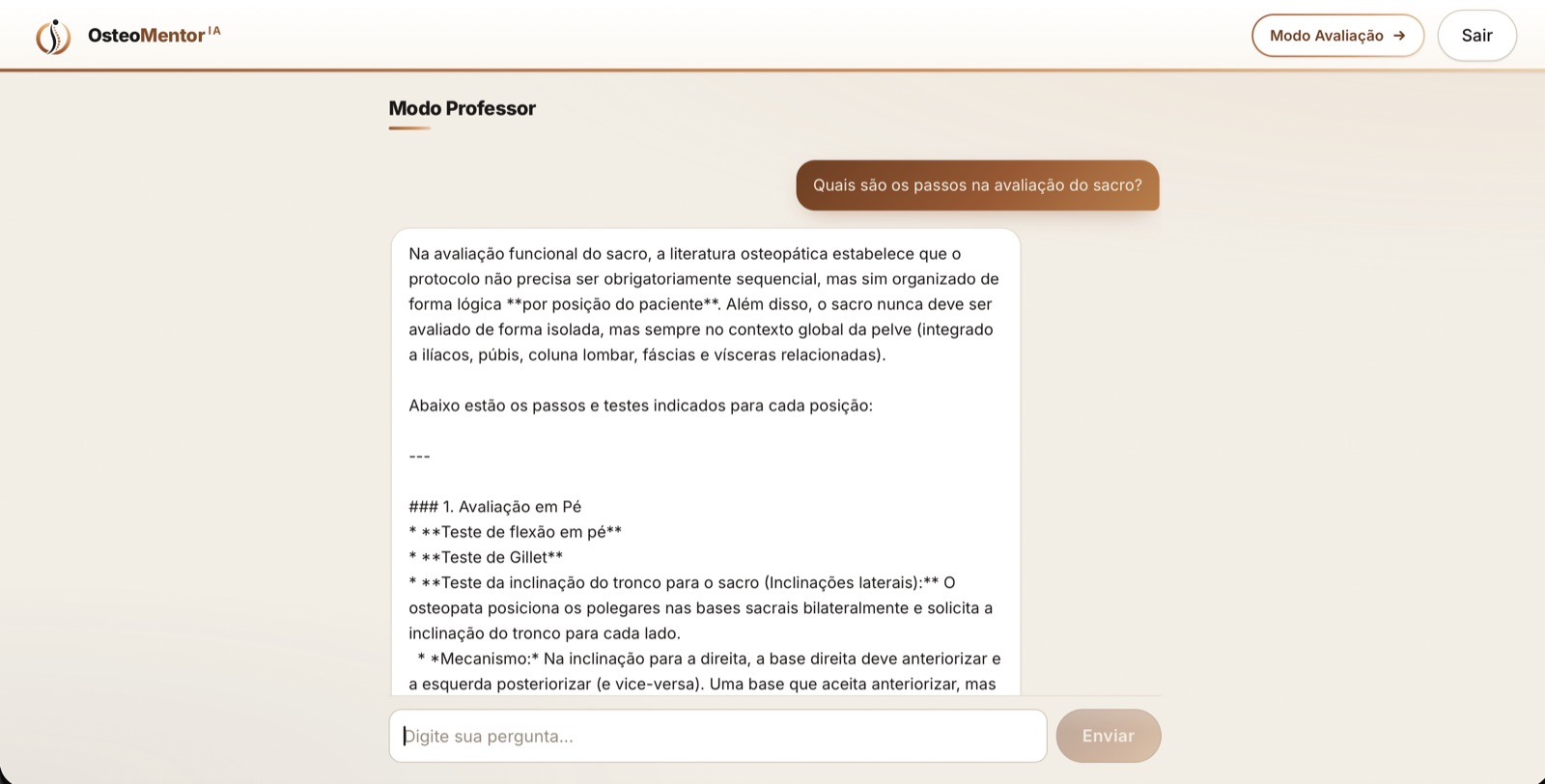 Conversa no Modo Professor: pergunta sobre os passos da avaliação do sacro e resposta estruturada do mentor